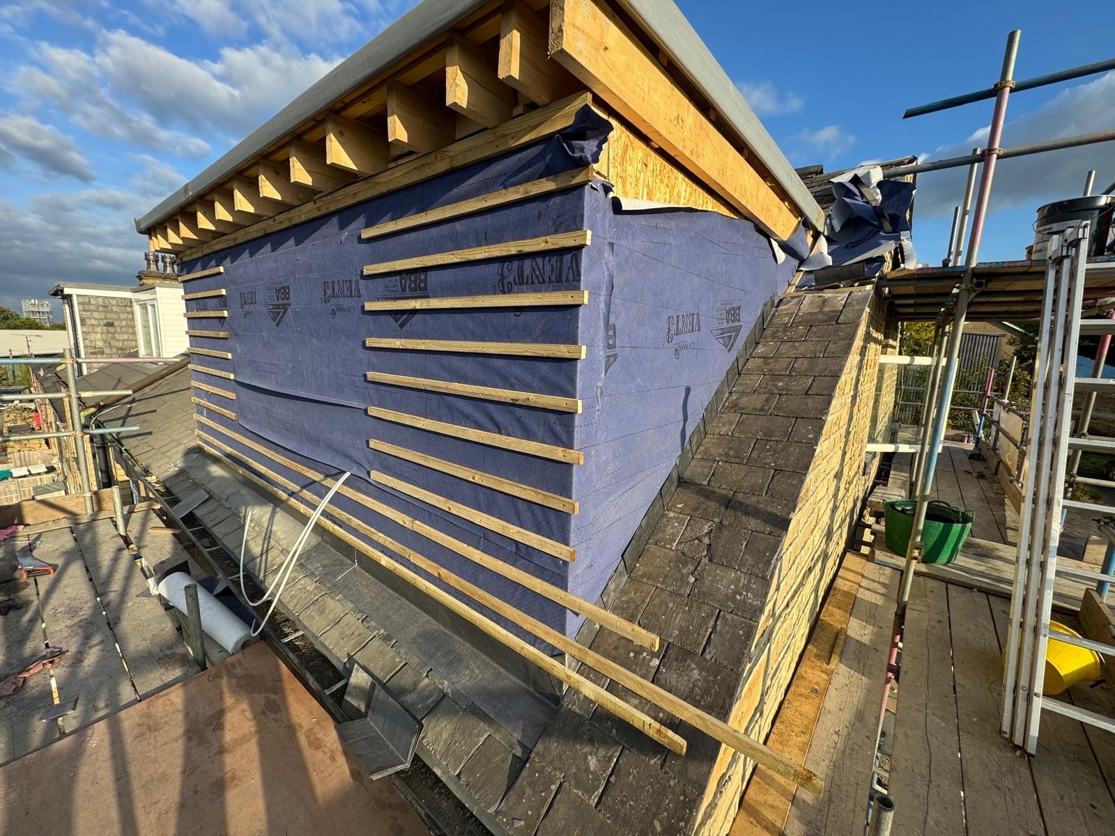 Membrane and timber battens to a dormer cheek during the Pudsey work